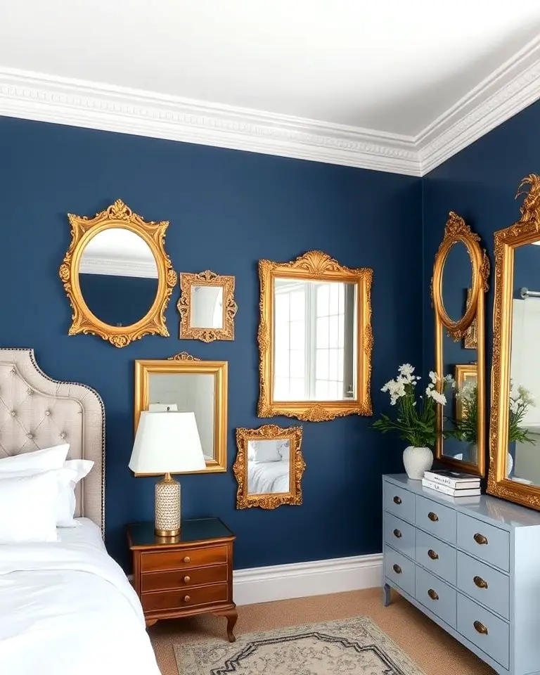 Gold-Framed Mirrors on Blue Walls