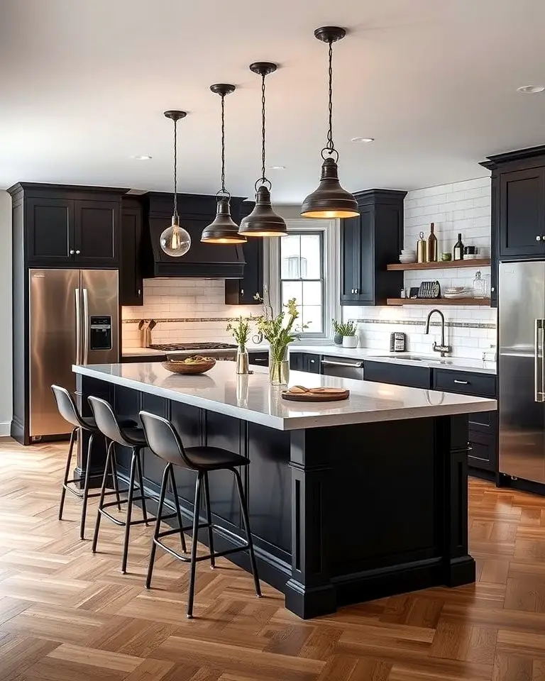 Black Island with Pendant Lighting Overhead