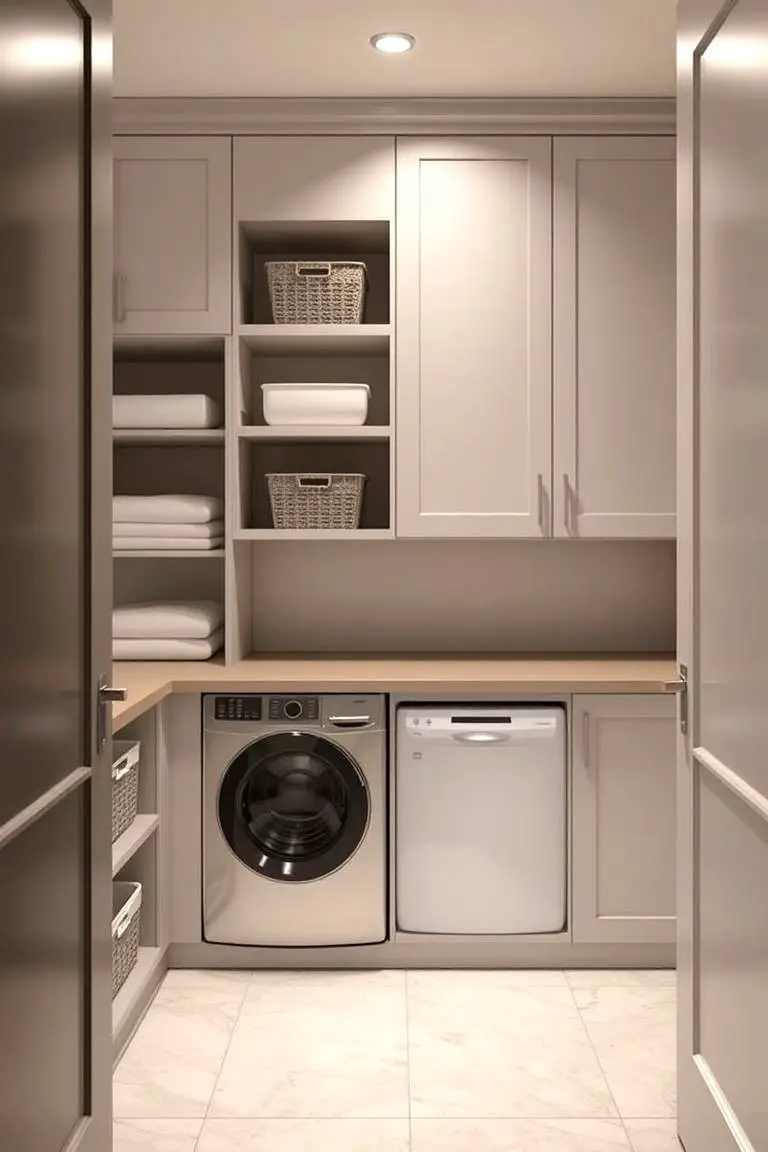 Built-in Laundry Hampers with Storage Shelves