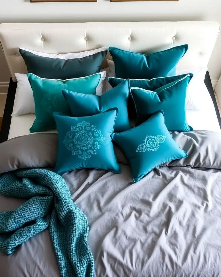 Teal Throw Pillows on a Grey Bedspread