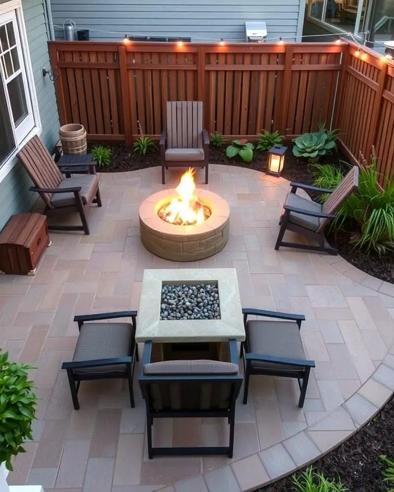 Small Stamped Concrete Patio with Compact Fire Pit