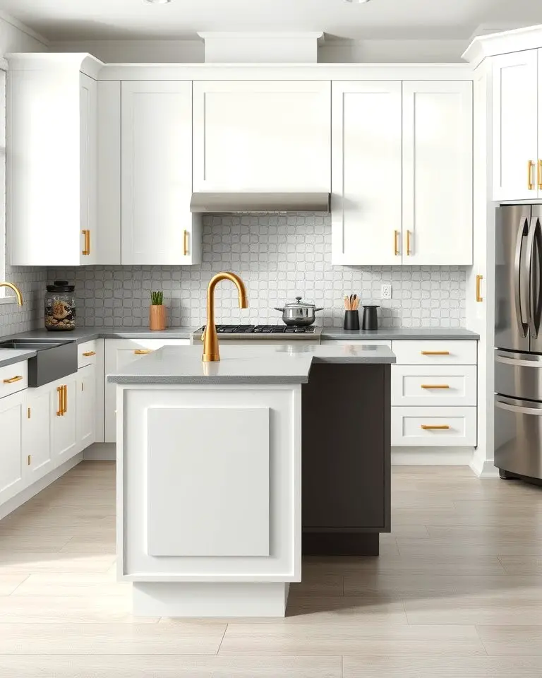 Bold Hardware Accents with White Cabinets and a Grey Island