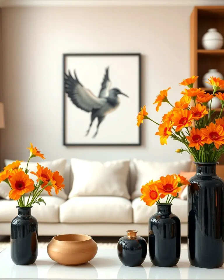 Orange Floral Arrangements with Black Vases
