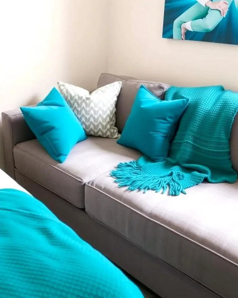 Teal Throw Blanket on a Grey Sofa