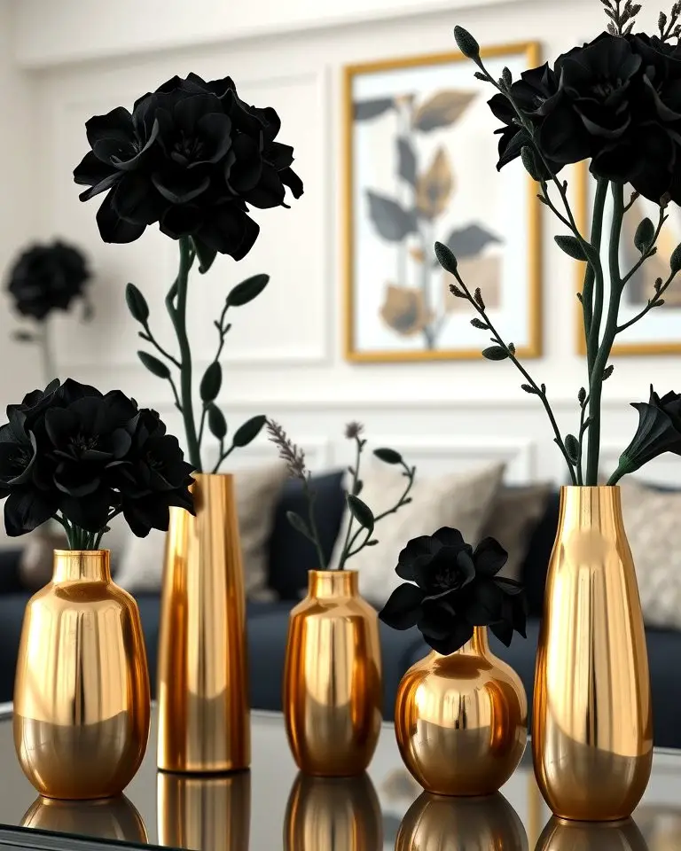 Gold Vases with Black Floral Arrangements