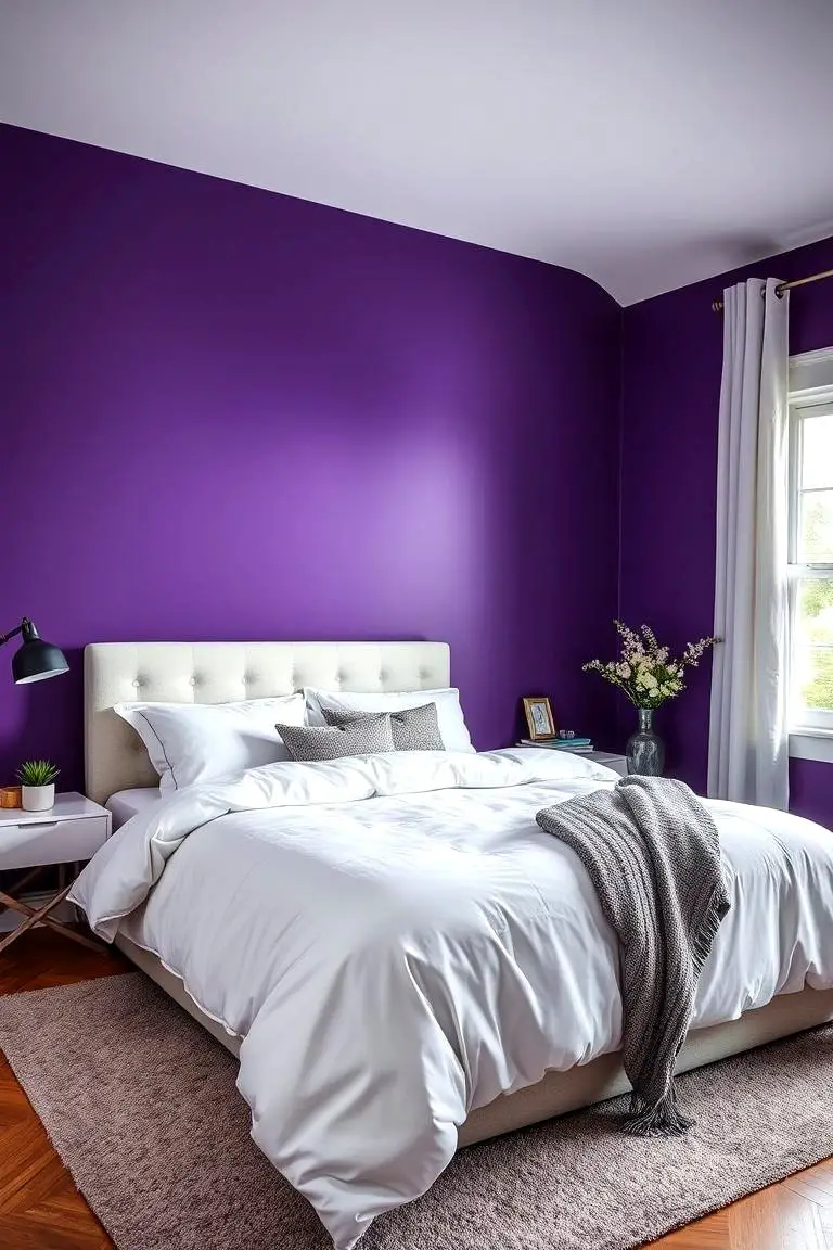 Dark Purple Walls with Bright White Bedding
