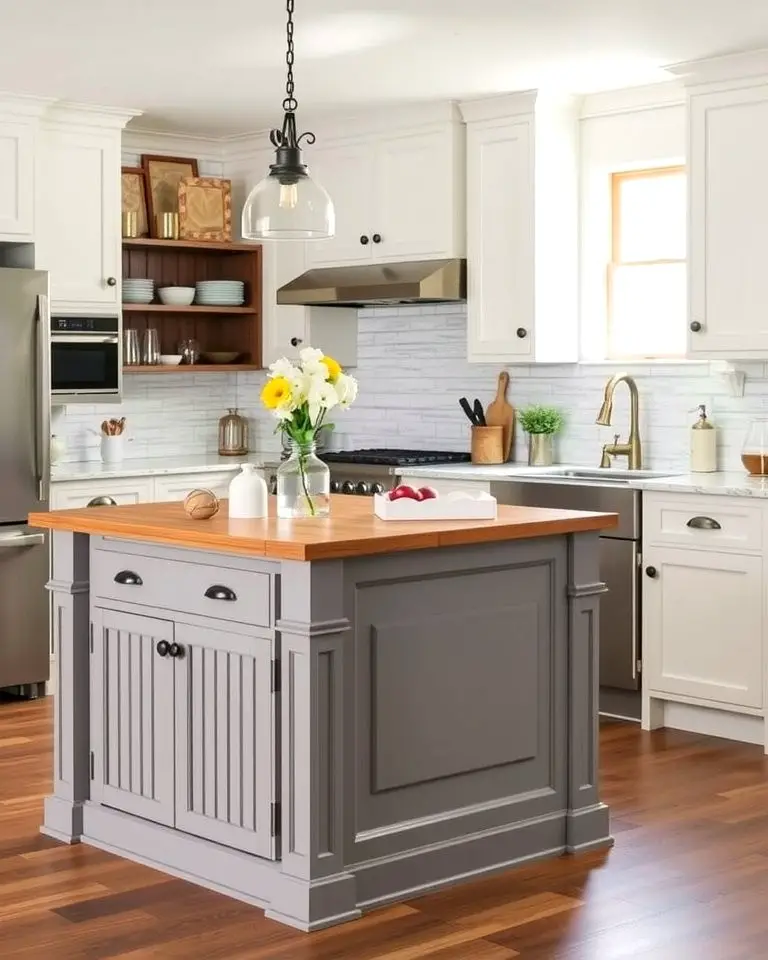 Farmhouse Charm with White Cabinets and a Grey Island
