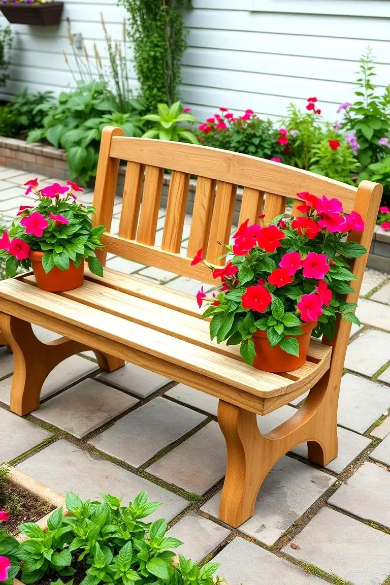 Lush Green Garden Bench with Planters