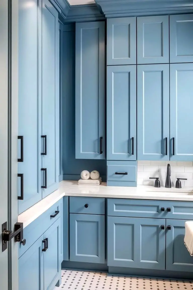Chic Blue Cabinets with Black Hardware