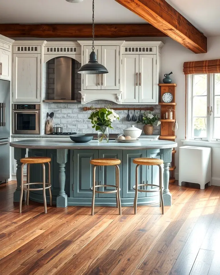 Rustic Elegance with White Cabinets and a Weathered Grey Island