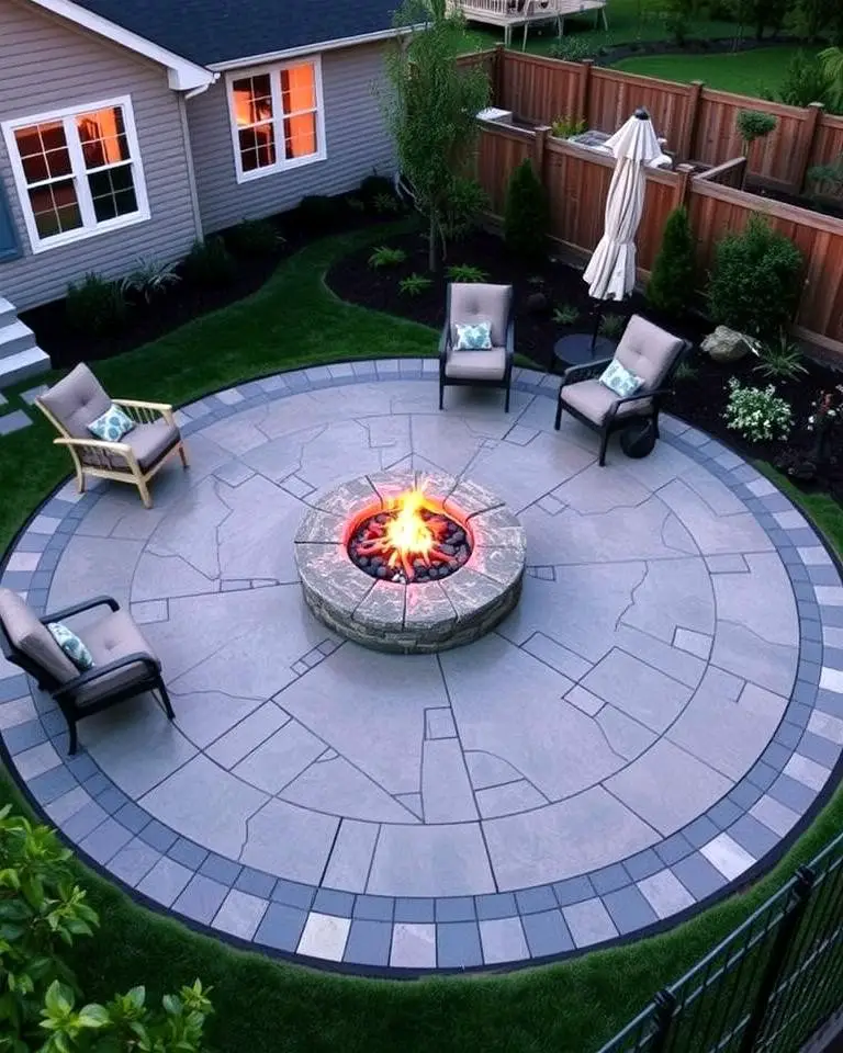 Circular Stamped Concrete Patio with Central Fire Pit