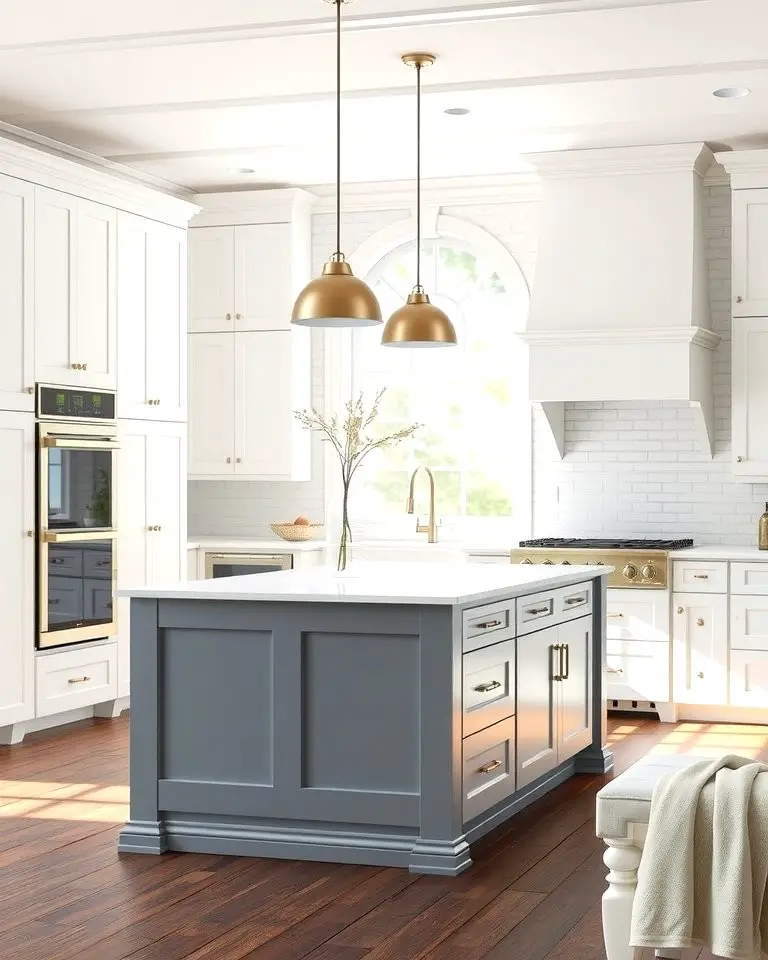 Timeless White Cabinets with a Subtle Grey Island