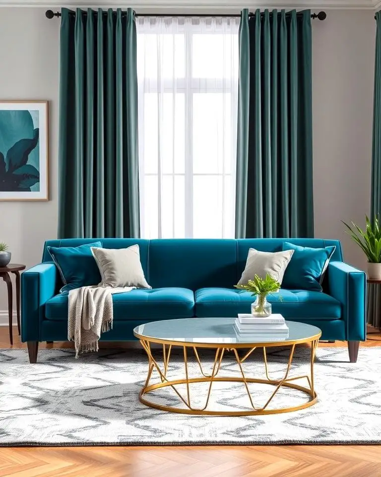 Velvet Teal Sofa with Grey Rug