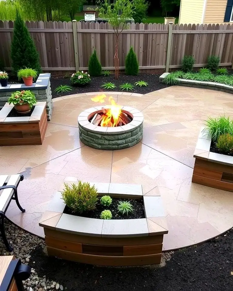 Stamped Concrete Patio with Fire Pit and Raised Planters