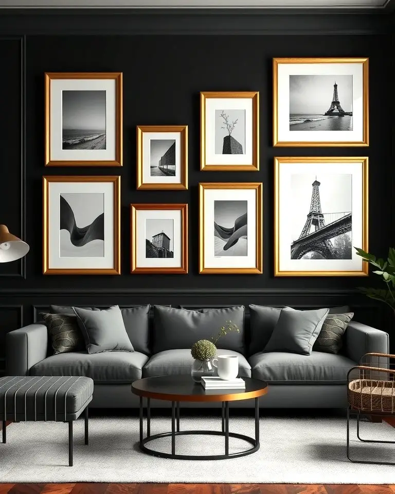 Black Walls with Gold Framed Artwork