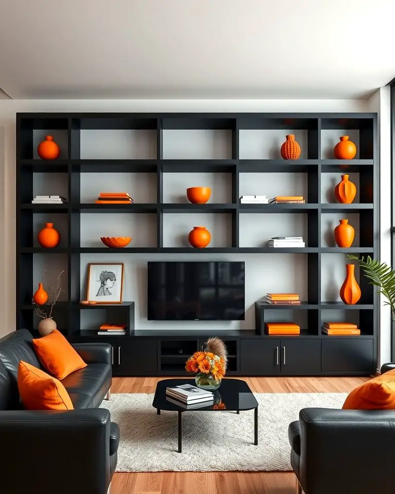 Black Shelves with Orange Decor
