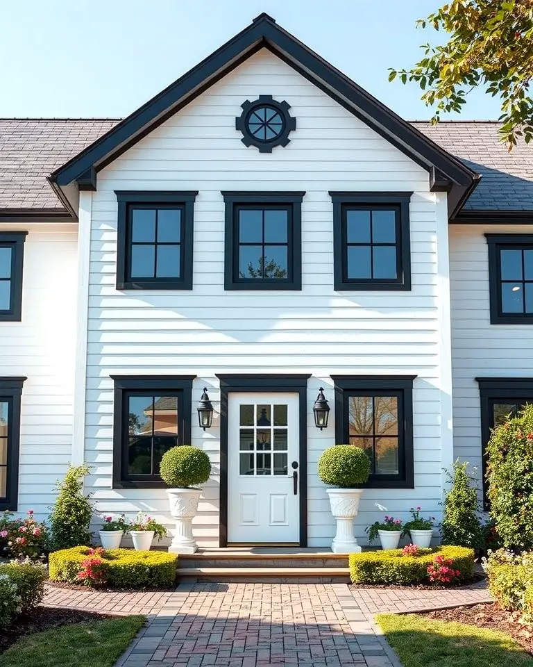 Black Trim Accents Around White Farmhouses