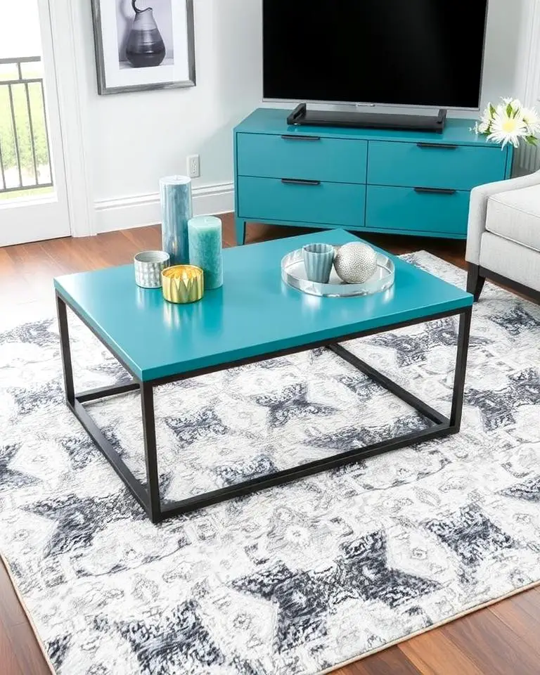 Teal Coffee Table on a Grey Rug