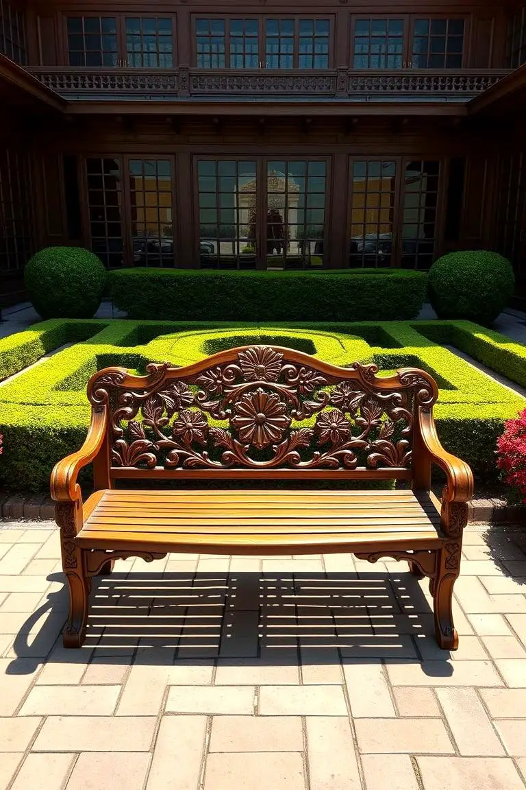 Carved Garden Bench with Intricate Details