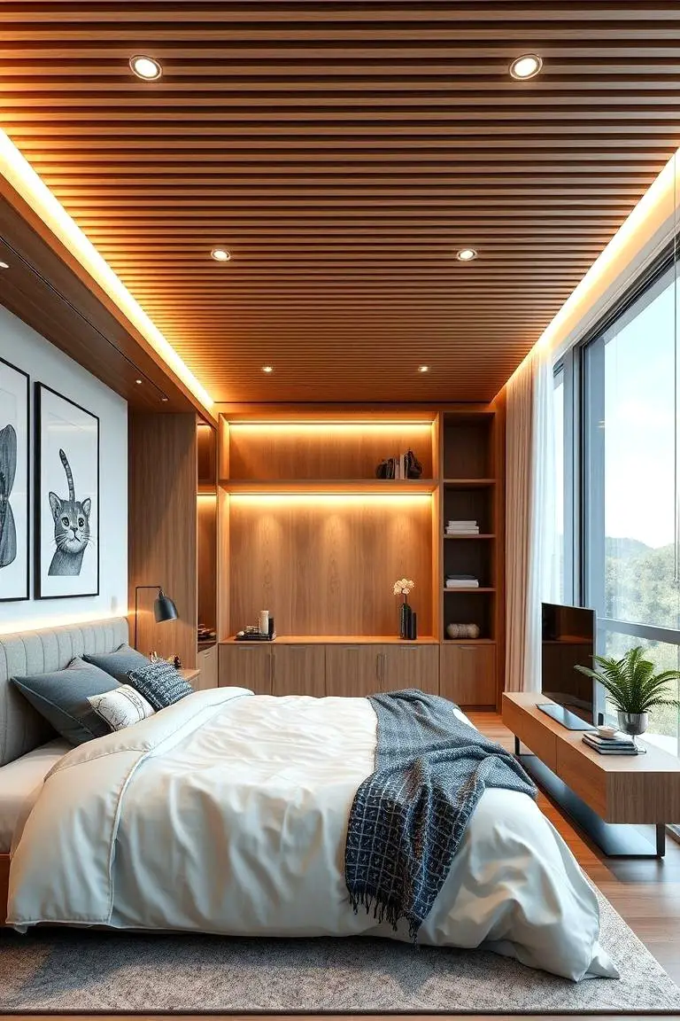 Integrated Storage Wood Slat Ceiling