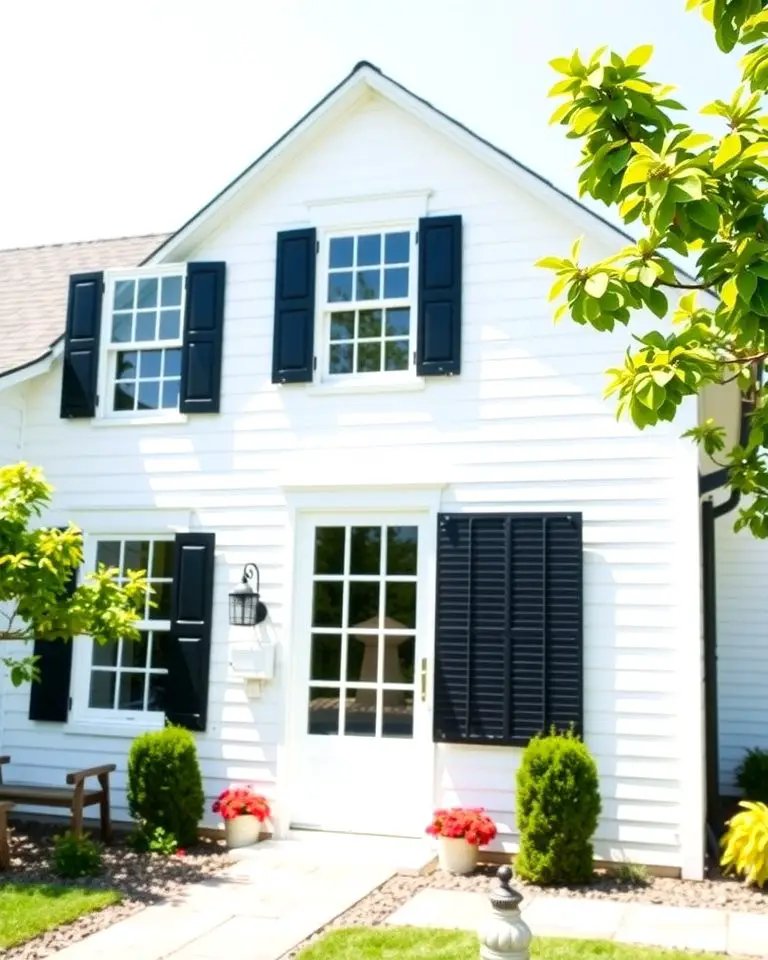 Charming White Farmhouse with Black Window Shutters