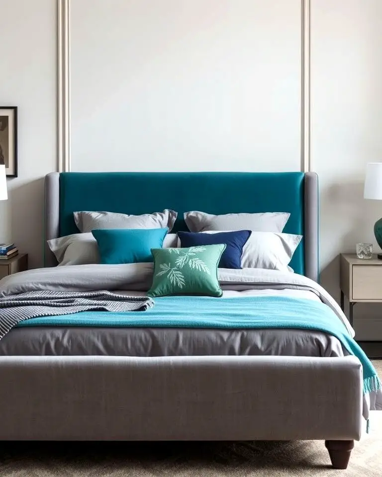 Grey Bed Frame with Teal Upholstery