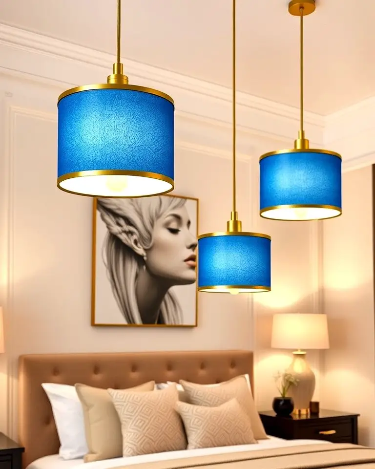 Gold Pendant Lights with Blue Shades