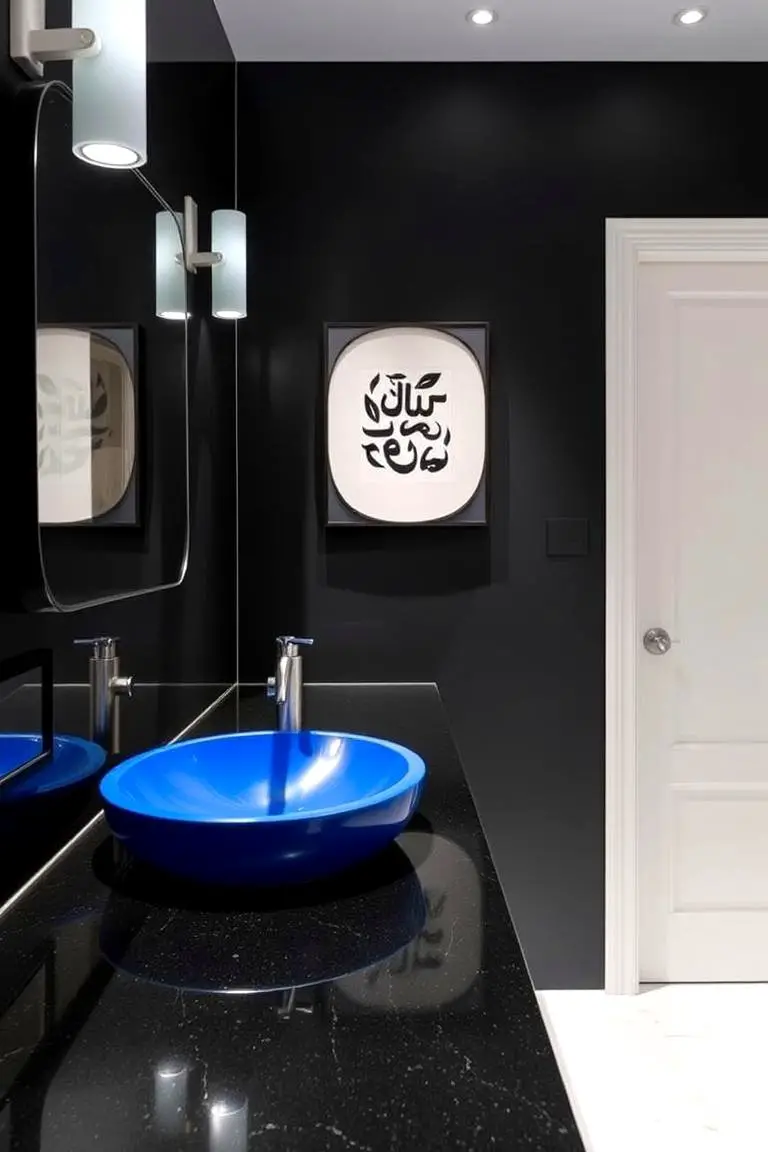 Bold Blue Sink with Black Counter and Fixtures