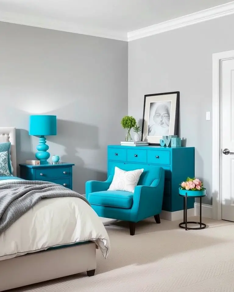Grey Walls with Teal Furniture