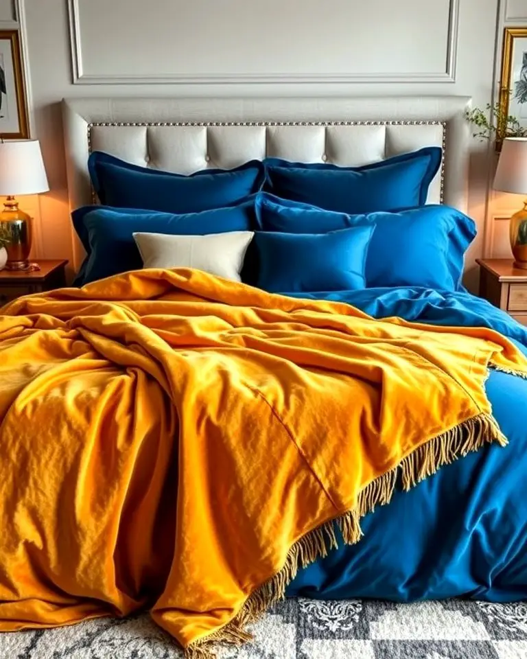 Blue Bedding with Gold Throw Blankets