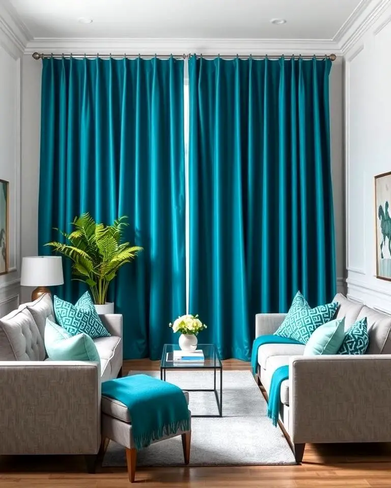 Teal Curtains Paired with Grey Furniture