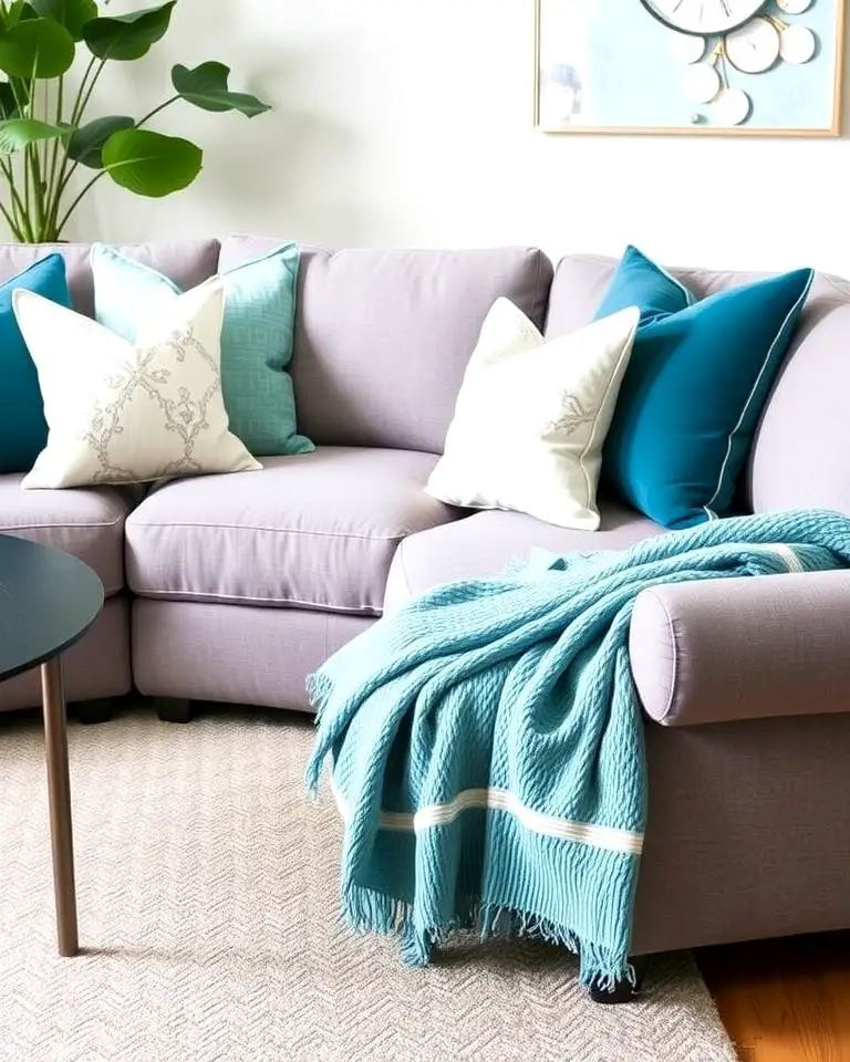 Teal Throw Pillows on a Grey Sectional