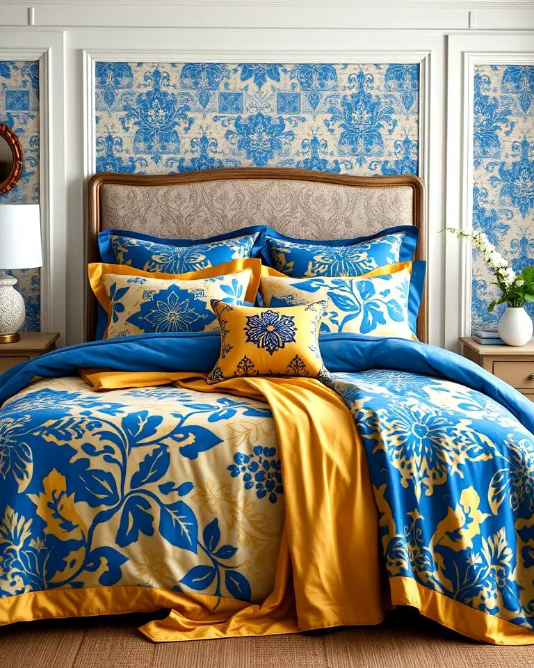Blue and Gold Printed Bedding Sets