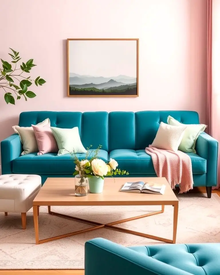 Teal Couch with Pastel Accents