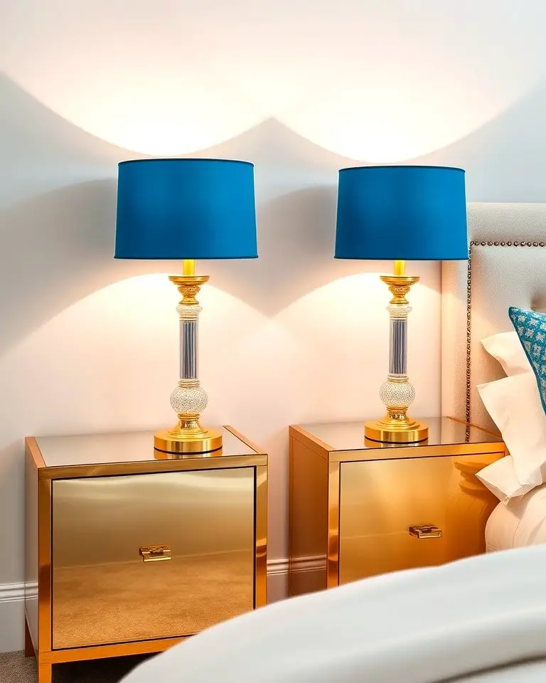 Gold Nightstands with Blue Lamps