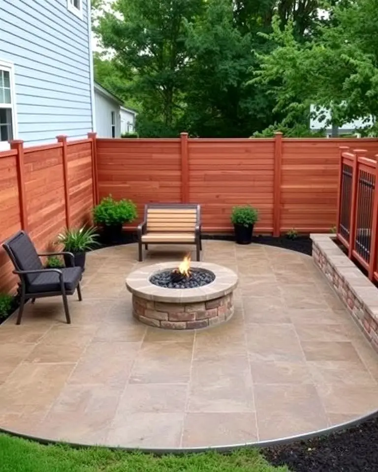 Stamped Concrete Patio with Fire Pit and Privacy Wall