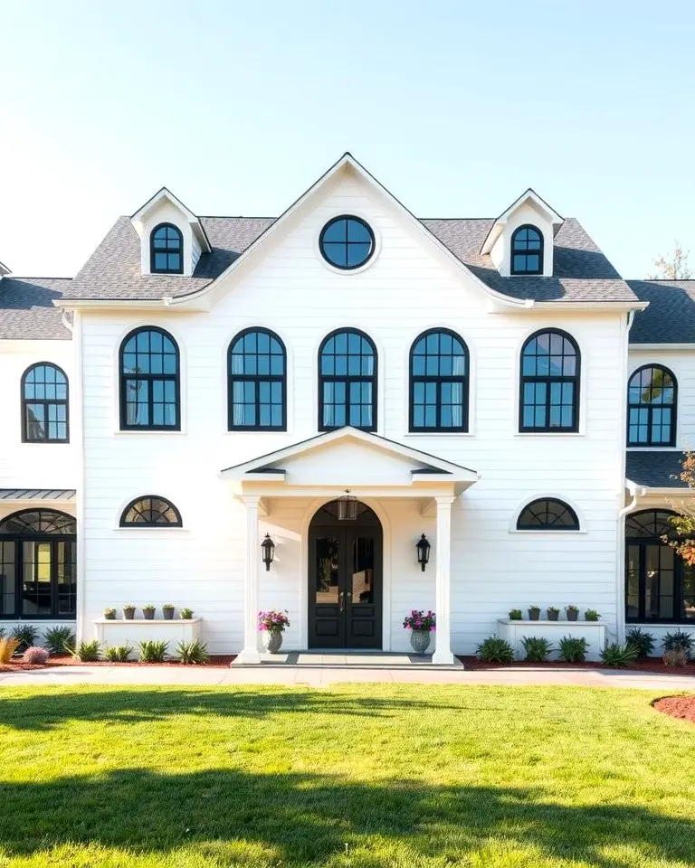 White Farmhouse with Black Arched Windows