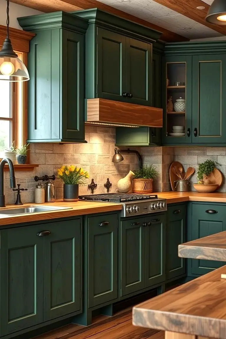 Rustic Forest Green Cabinets