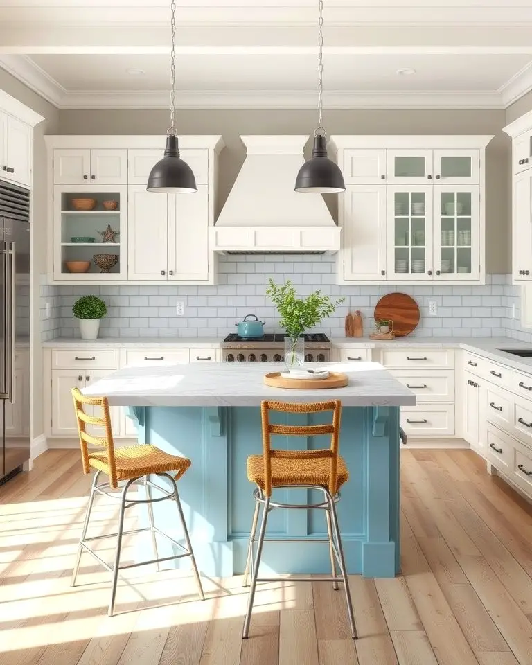 Coastal Vibes with White Cabinets and a Blue-Grey Island