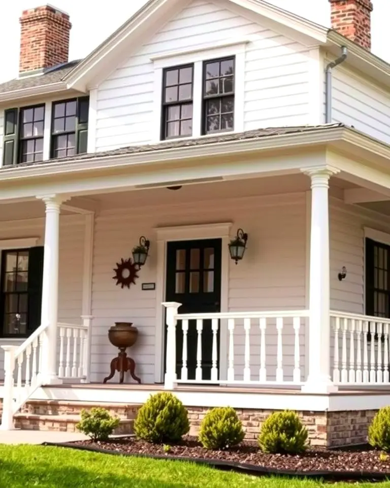White and Black Farmhouse with a Wraparound Porch