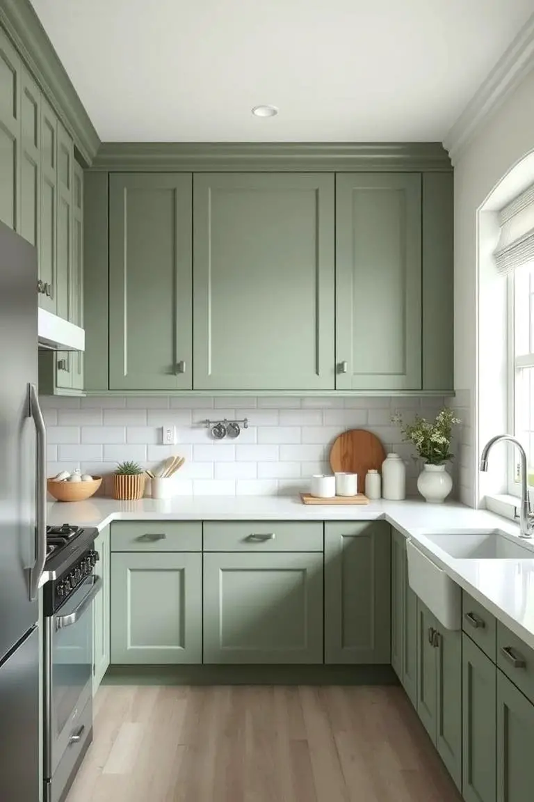 Soft-Tone Subdued Green Cabinets