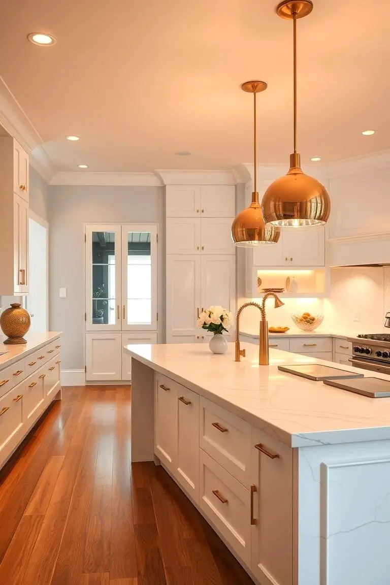 Gold Pendant Lighting over White Island
