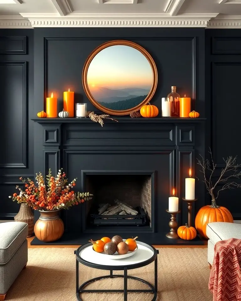 Black Fireplace with Orange Mantel Decor