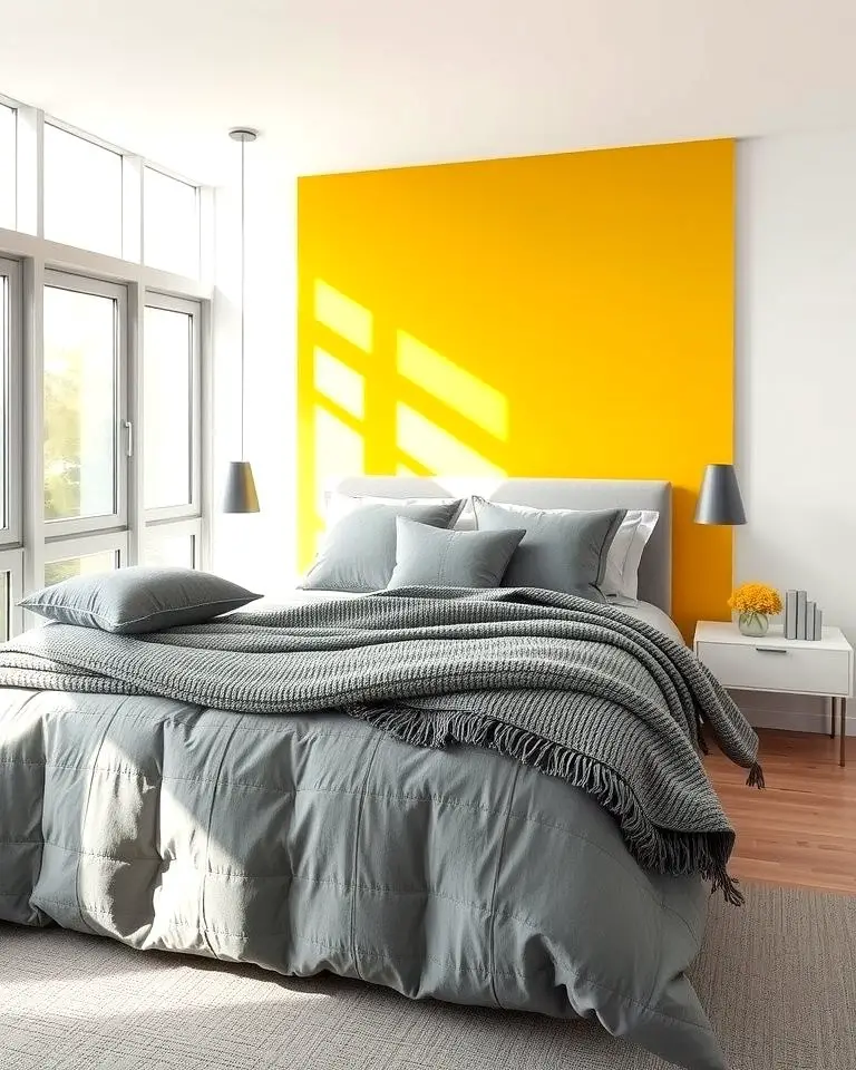 Yellow Accent Wall with Grey Bedding