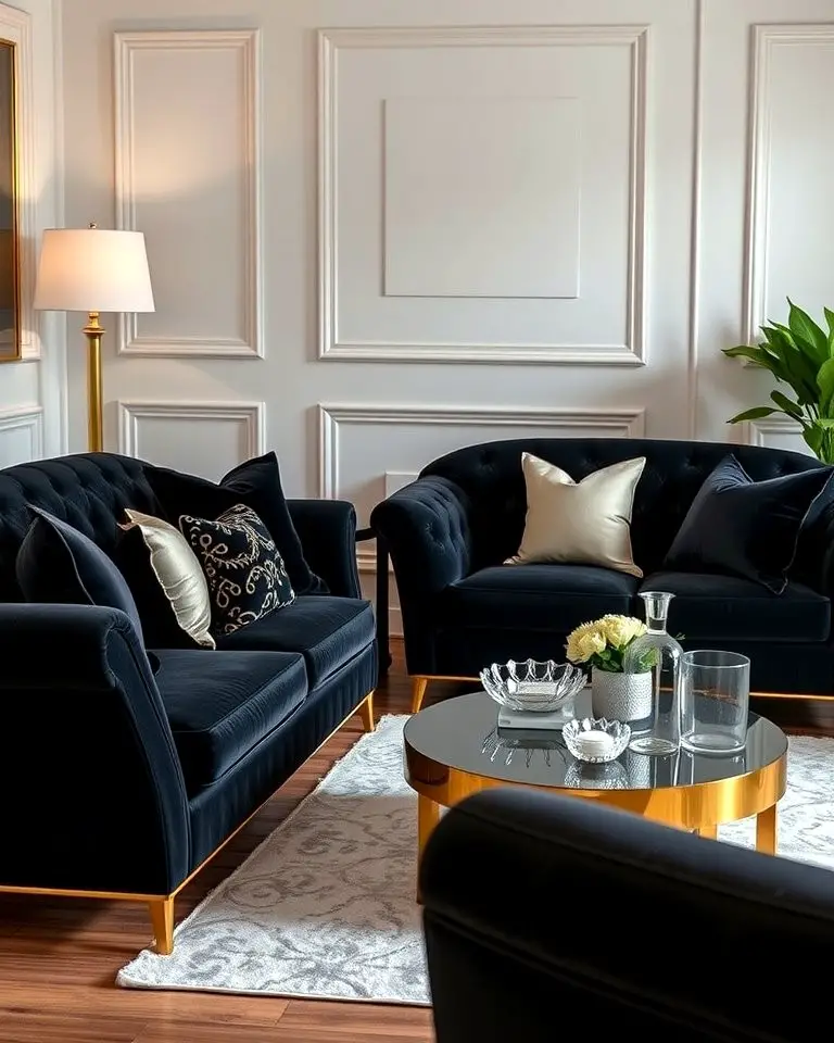 Velvet Black Sofas with Gold Trim