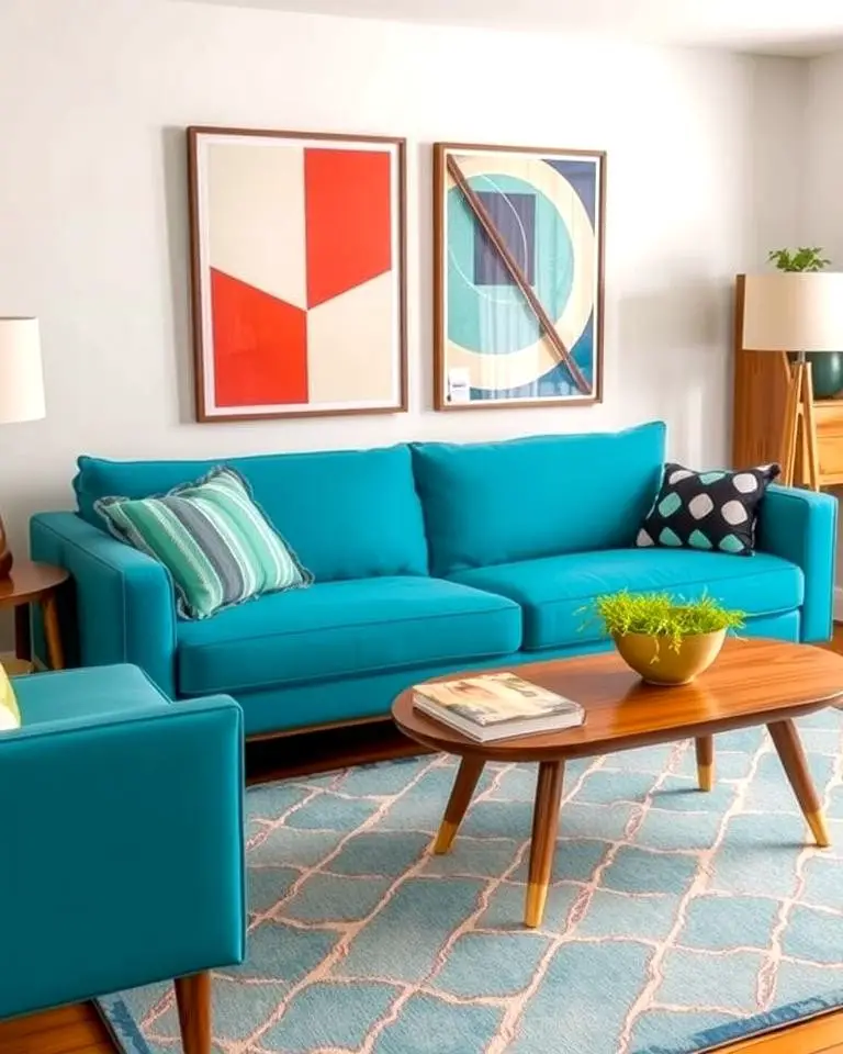 Teal Couch with Mid-Century Modern Style