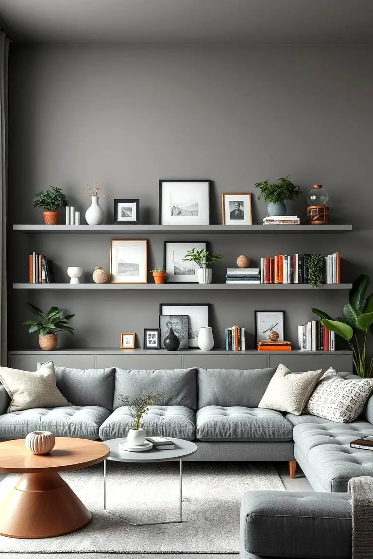 Open Shelving in a Gray Lounge