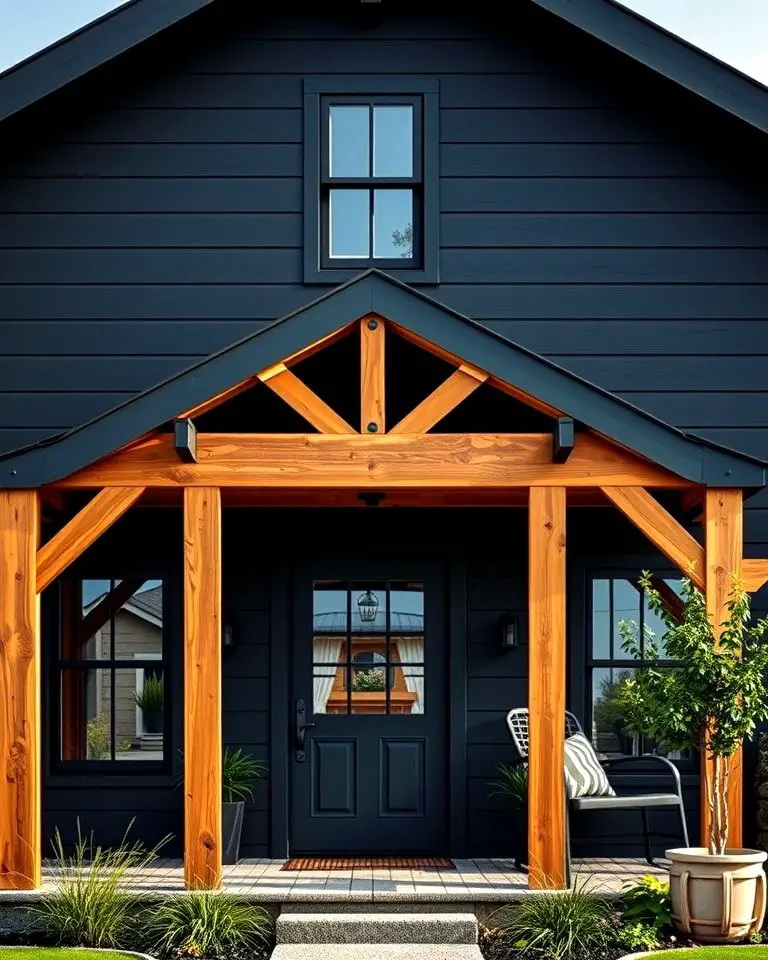 Matte Black Facade with Rustic Wooden Beams