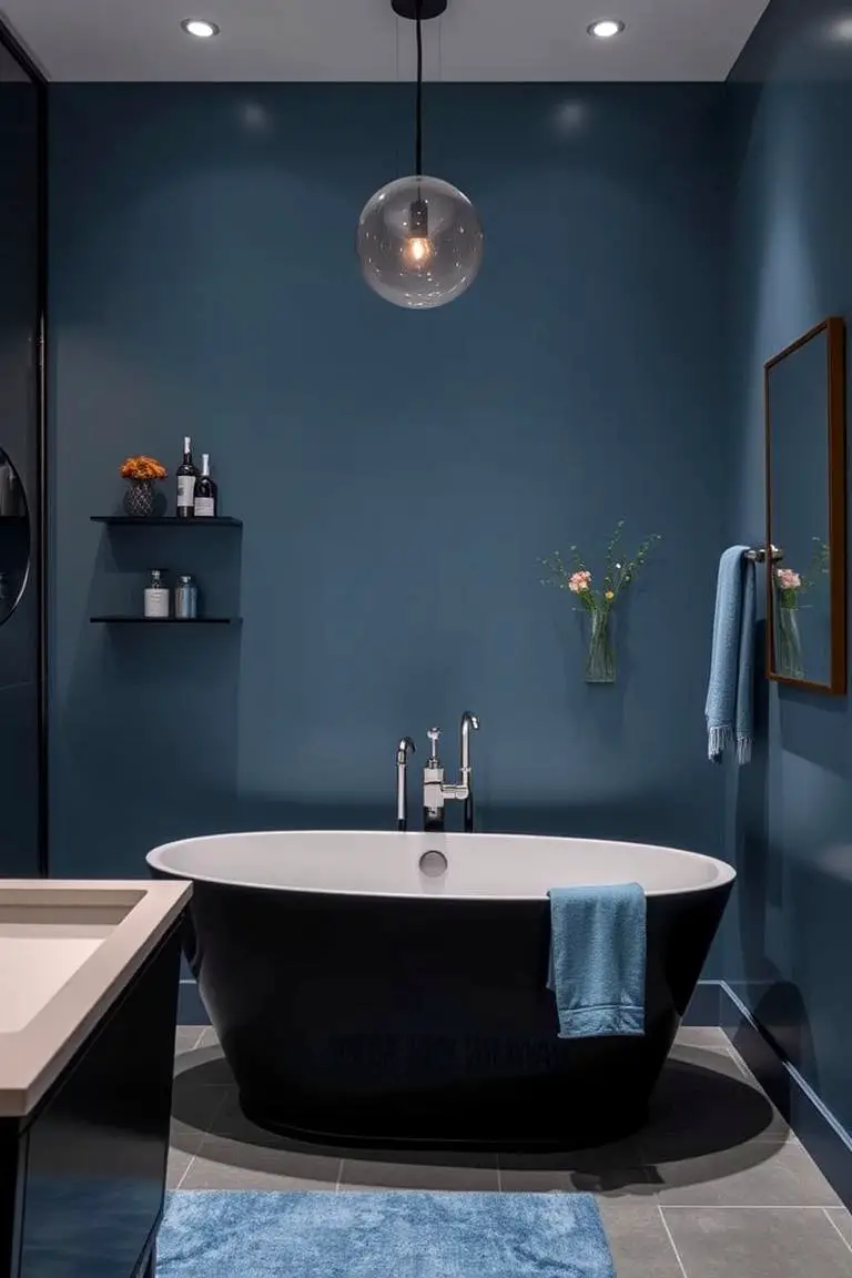 Black Bathtub with Blue Surrounding Decor