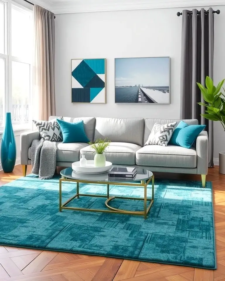 Grey Sofa with Teal Area Rug